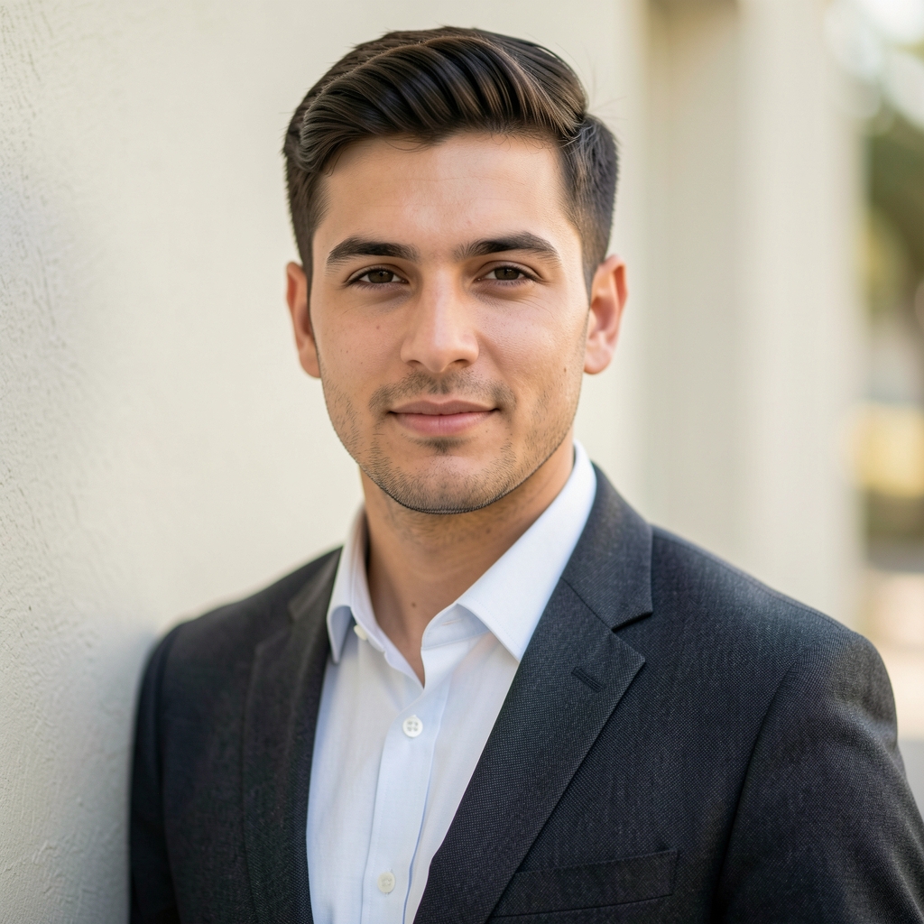 Editorial portrait of Tobias Ashcroft, natural side light, pale wall background, relaxed professional composition