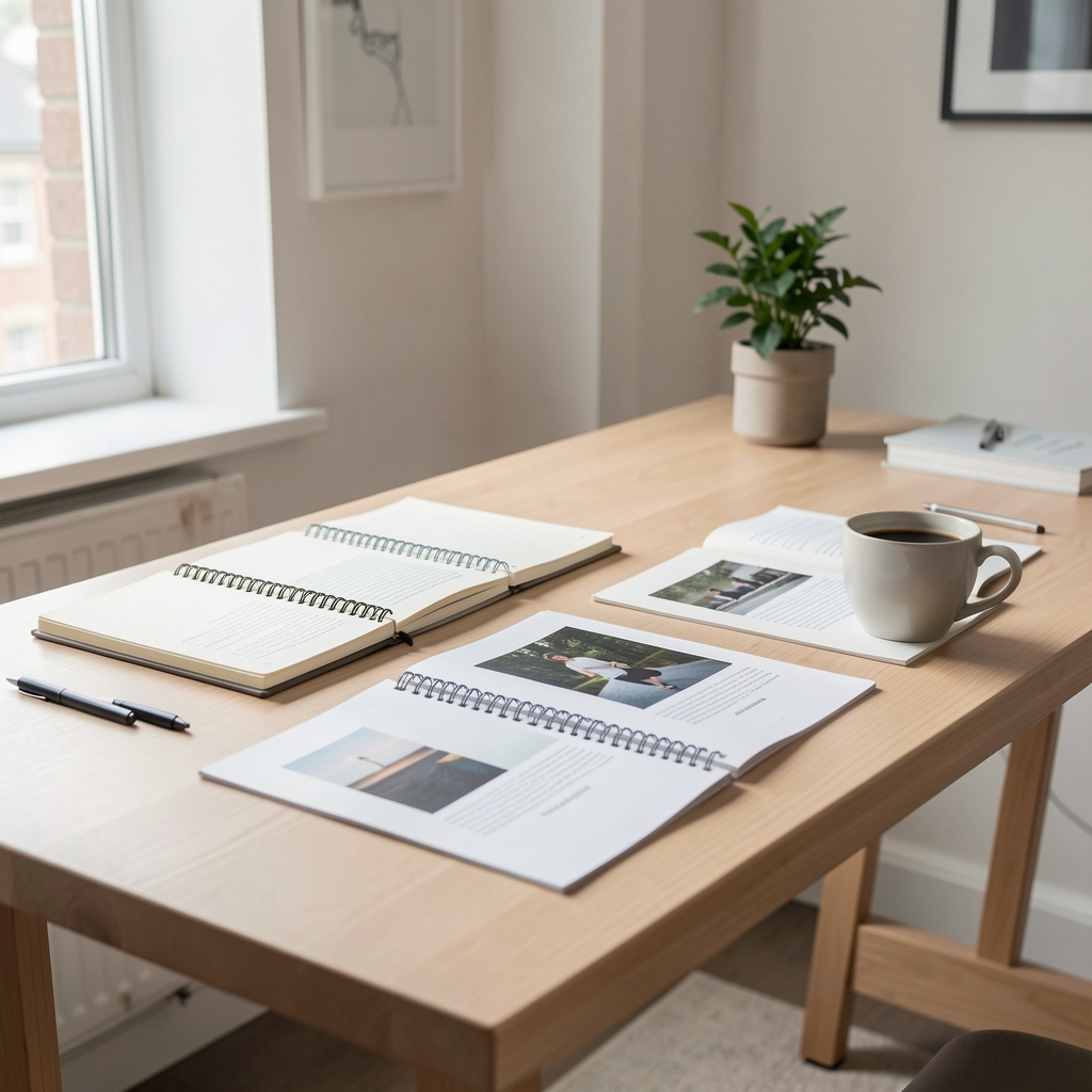 Editorial workspace with notebooks, printed pages, and a coffee cup on a pale wooden desk, natural morning light from a large window