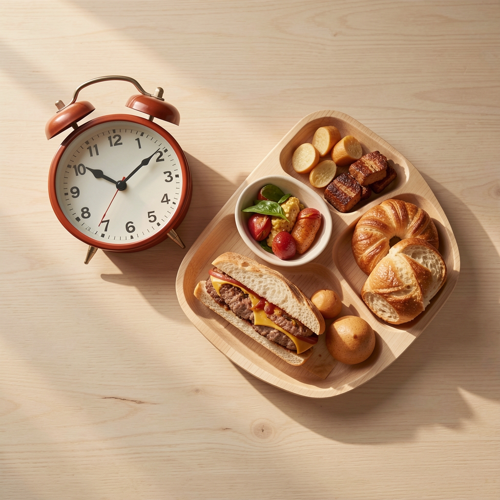 Clock and food tray on a pale wooden desk, editorial flat lay with warm afternoon light casting soft shadows