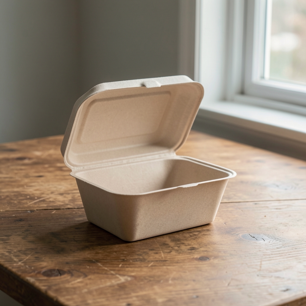 Takeaway container open on a wooden desk surface, natural window light from the right, minimal surroundings, editorial still life