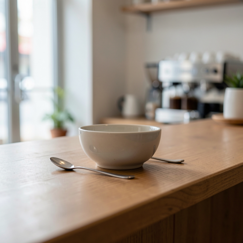 Simple table setting with a bowl and spoon at a small cafe counter, soft ambient light, minimal editorial composition