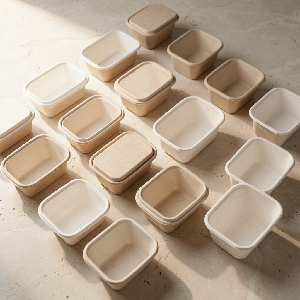 Rows of takeaway containers on a pale stone surface, natural daylight from the left, flat-lay editorial