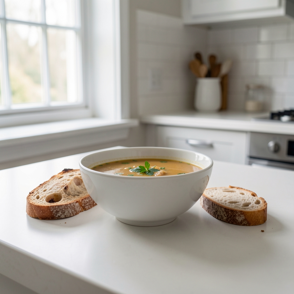 Bowl of soup and bread on a clean kitchen table, no screens visible, natural daylight through a window, minimal editorial still life